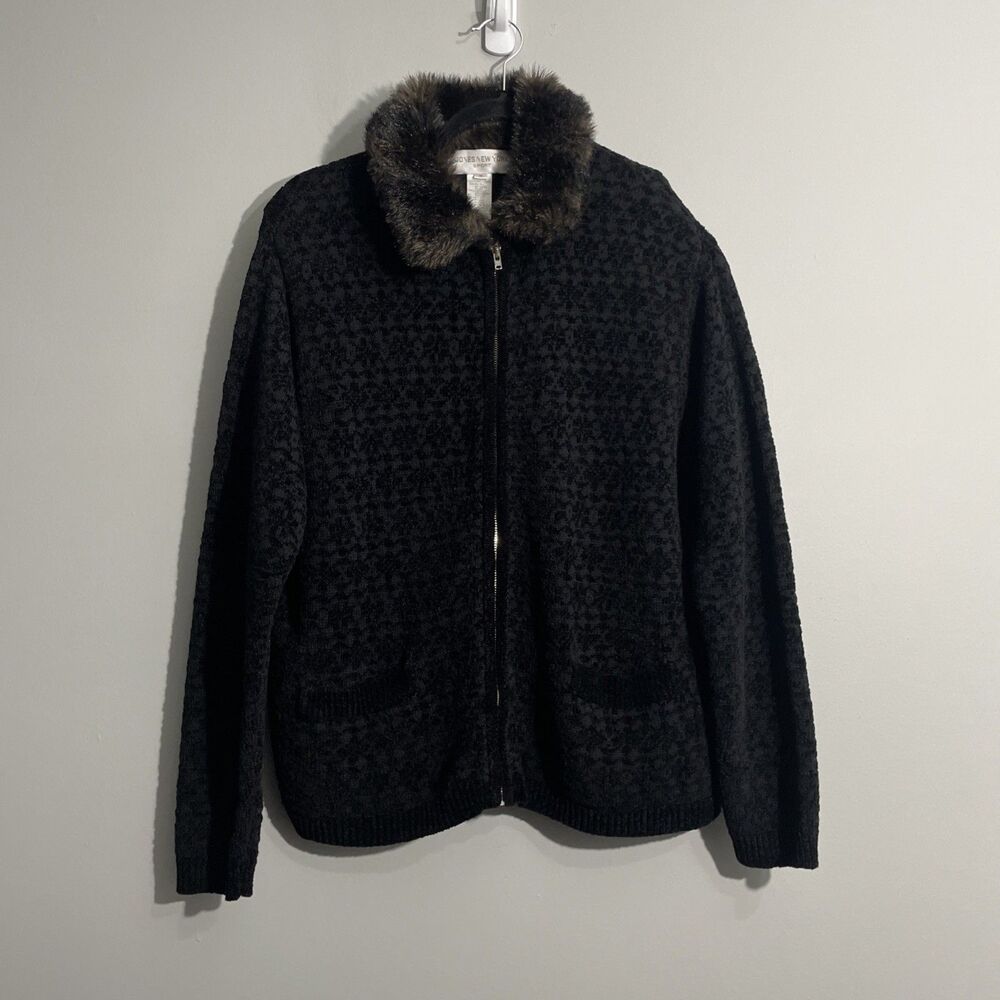 Jones New York Sport Zip Sweater Faux Fur Collar Pockets Cozy Warm Winter Sz M